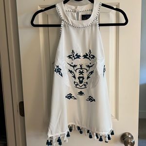 Blue Rain Tassel Hem Embroidered Beaded Tank Top